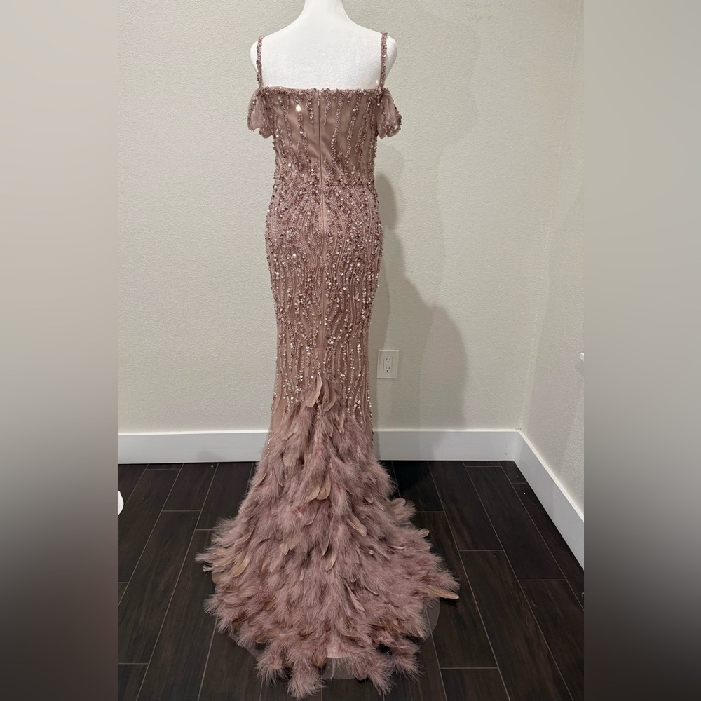 Feather Hem Evening Gown - Rose